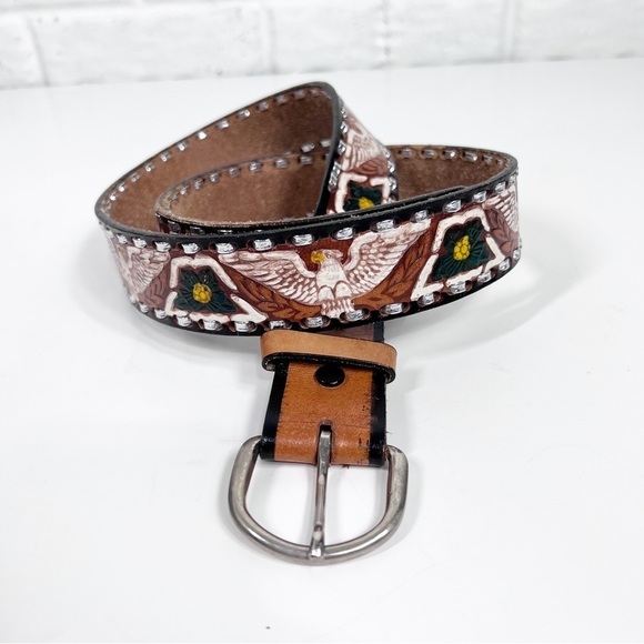 PAINTED TOOLED LEATHER BELT Made in Mexico | Eagle | Floral - Picture 2 of 9